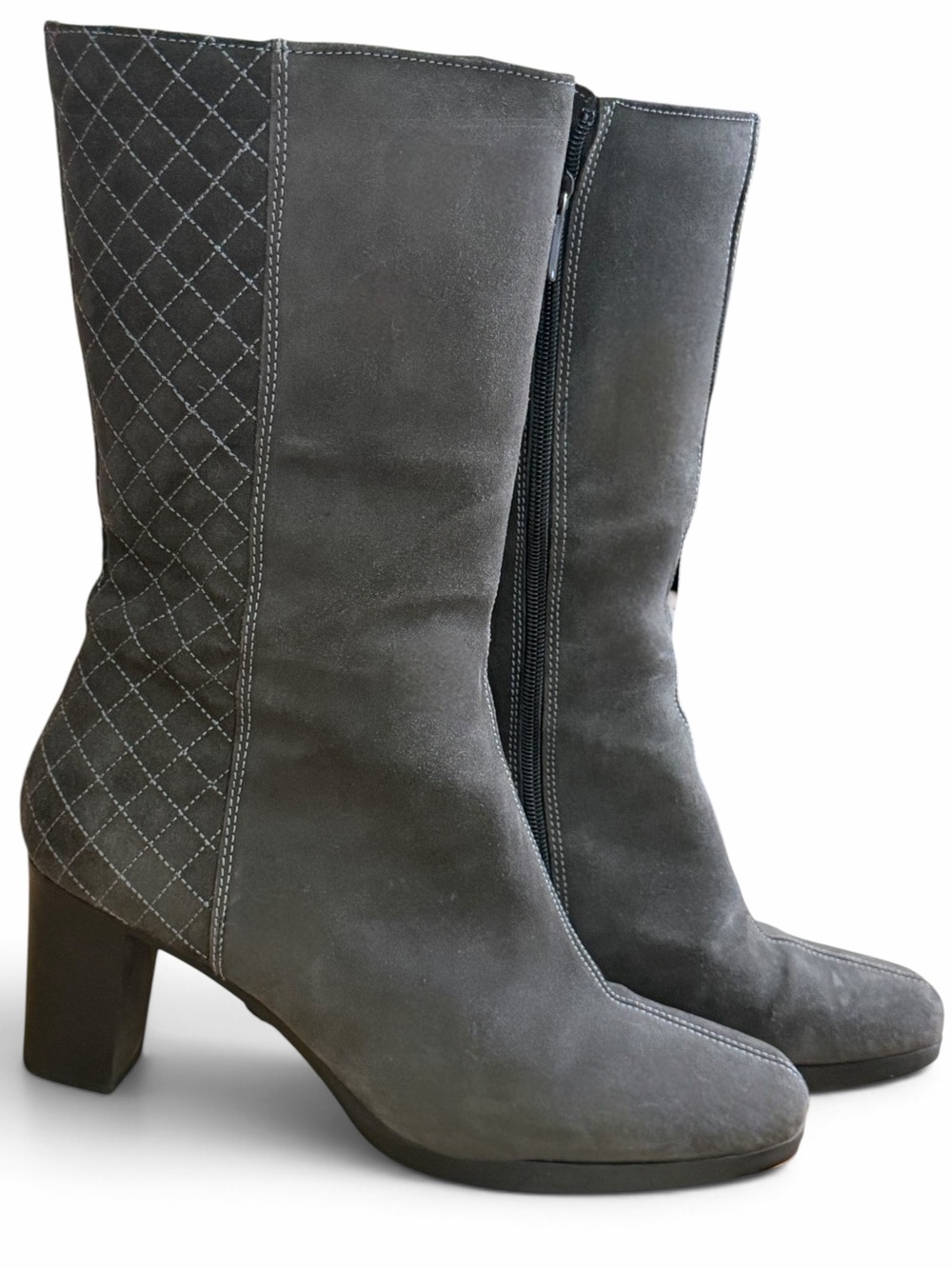 Aquatalia Tangle Weatherproof Gray Suede Quilted Mid Calf Block Heel Bootsi